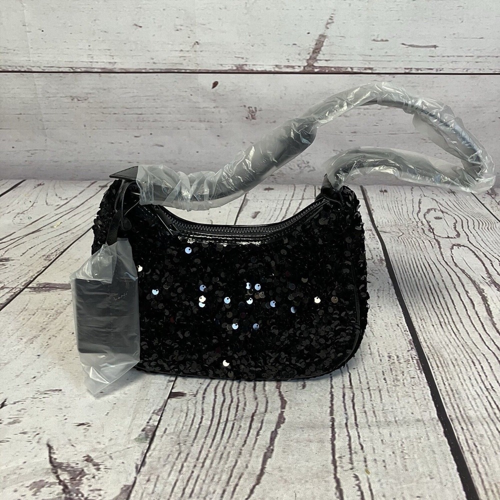 Nicole Miller Black Sequin Shoulder Handbag Evening Bag Small Black Tie